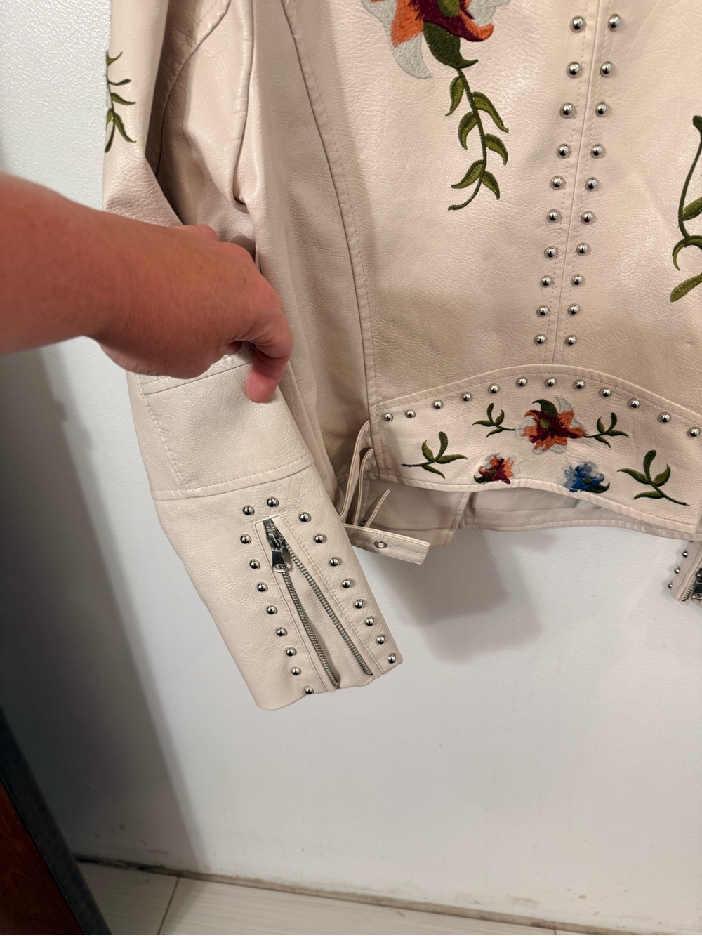 Embroidered Beige Faux-Leather Jacket - Picture 6 of 6